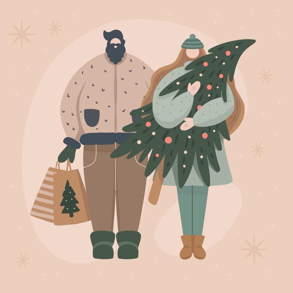 Lycklig par uppköp och innehav jul träd och gåvor. familj jul firande. handla på vinter- högtider begrepp vektor