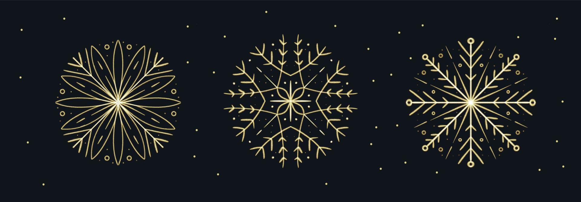 uppsättning av penseldrag hand dragen guld snöflingor för jul design. vinter- högtider isolerat element vektor