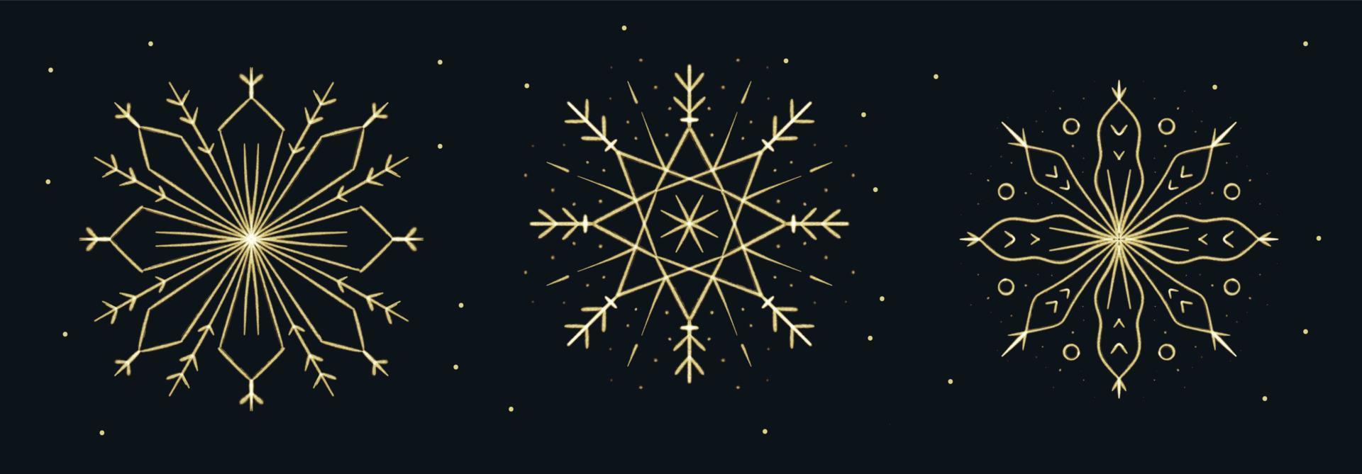 satz von handgezeichneten goldenen schneeflocken mit pinselstrich für weihnachtsdesign. Winterferien isolierte Elemente vektor