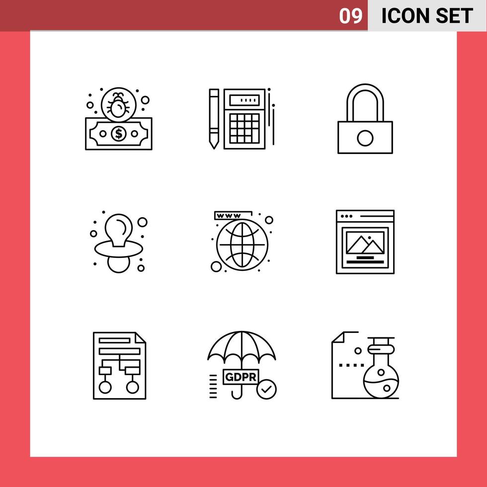 Stock Vector Icon Pack mit 9 Zeilenzeichen und Symbolen für Website-Netzwerksperrmedien-Dummy-editierbare Vektordesign-Elemente