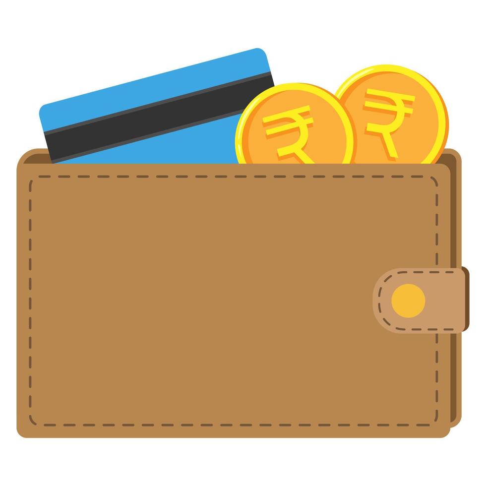 Brieftasche mit Rupienmünzen und Kreditkarte. flache vektorillustration. vektor