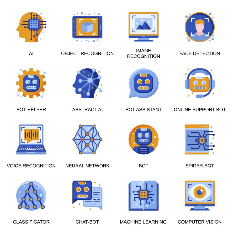 ikoner för artificiell intelligens i platt stil. vektor
