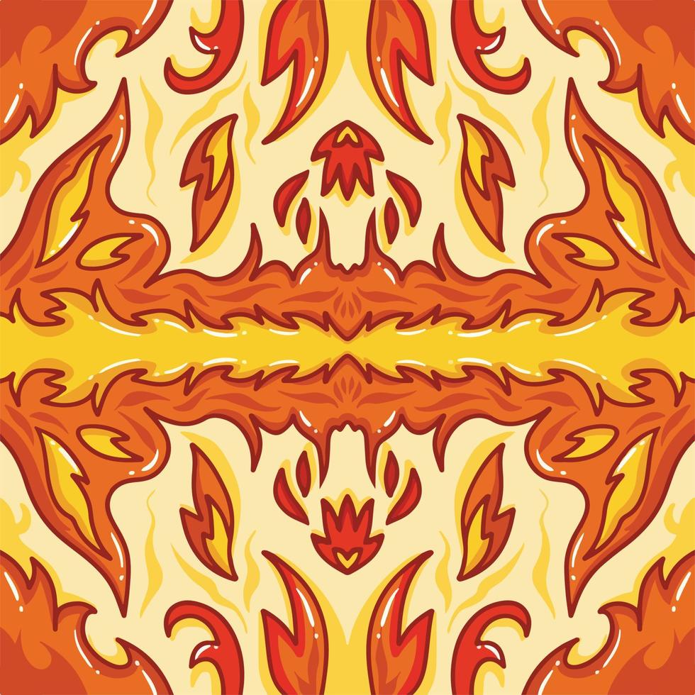 flammande varm brand element tema symmetrisk vektor fyrkant bakgrund. symmetrisk tapet för hälsning kort, tyg skriva ut, affisch, och Övrig syften bakgrund med tecknad serie platt konst stil isolerat.