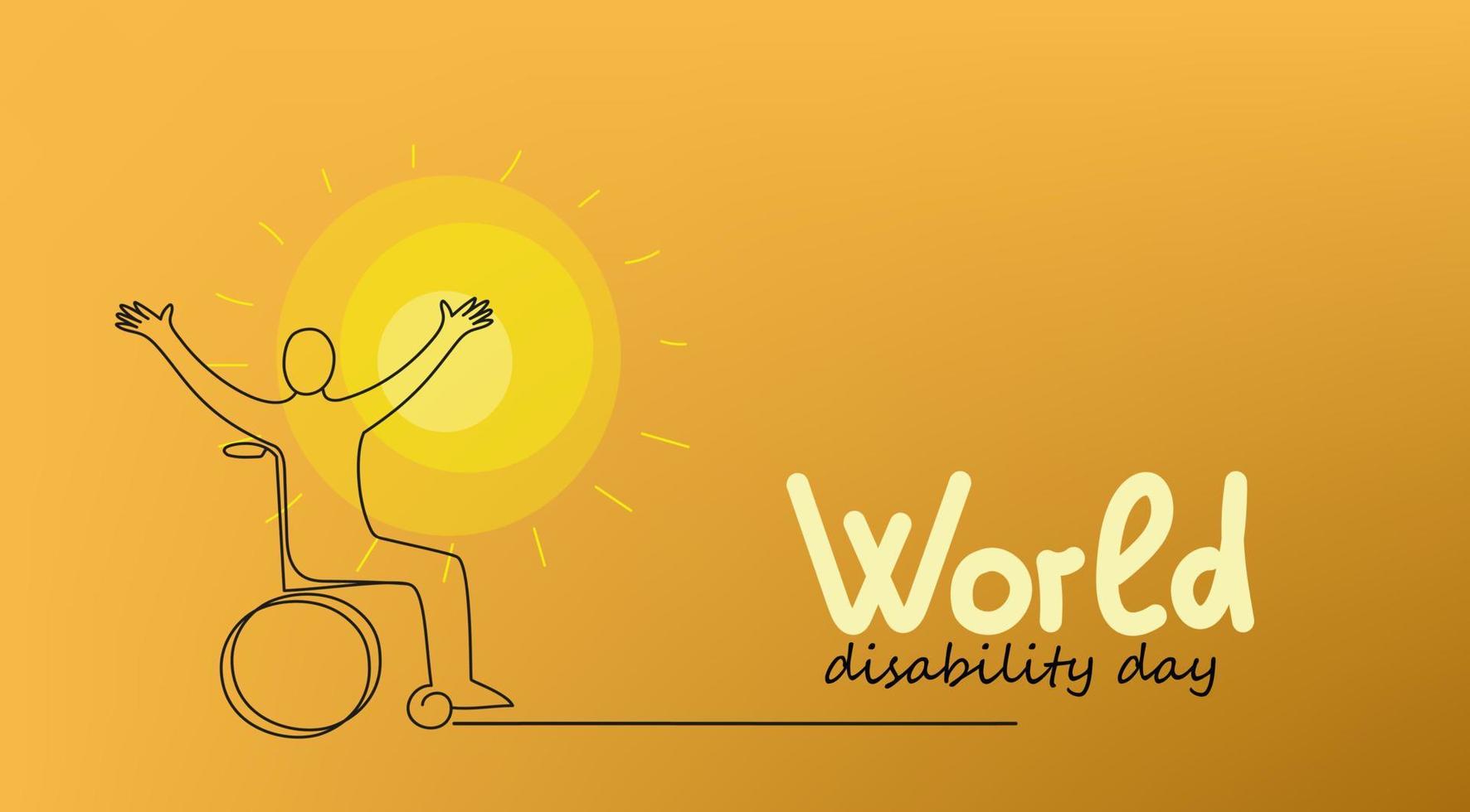 person i rullstol. värld handikapp dag vektor klotter baner. kontinuerlig linje teckning illustration för social media.
