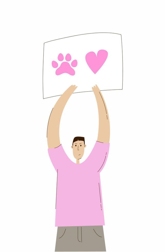 djur- rättigheter dag vektor illustration. man innehav en baner med djur- Tass och hjärta. internationell dag av djur- rättigheter begrepp