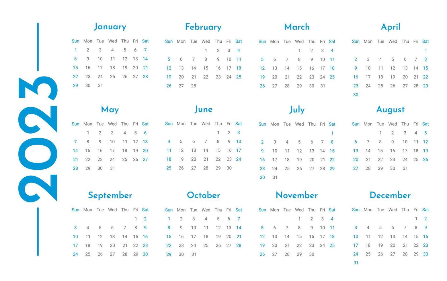 en gång i månaden vägg horisontell kalender 2023 mall i trendig minimalistisk stil, omslag begrepp, 2023 minimal kalender planerare design för utskrift mall i blå vektor