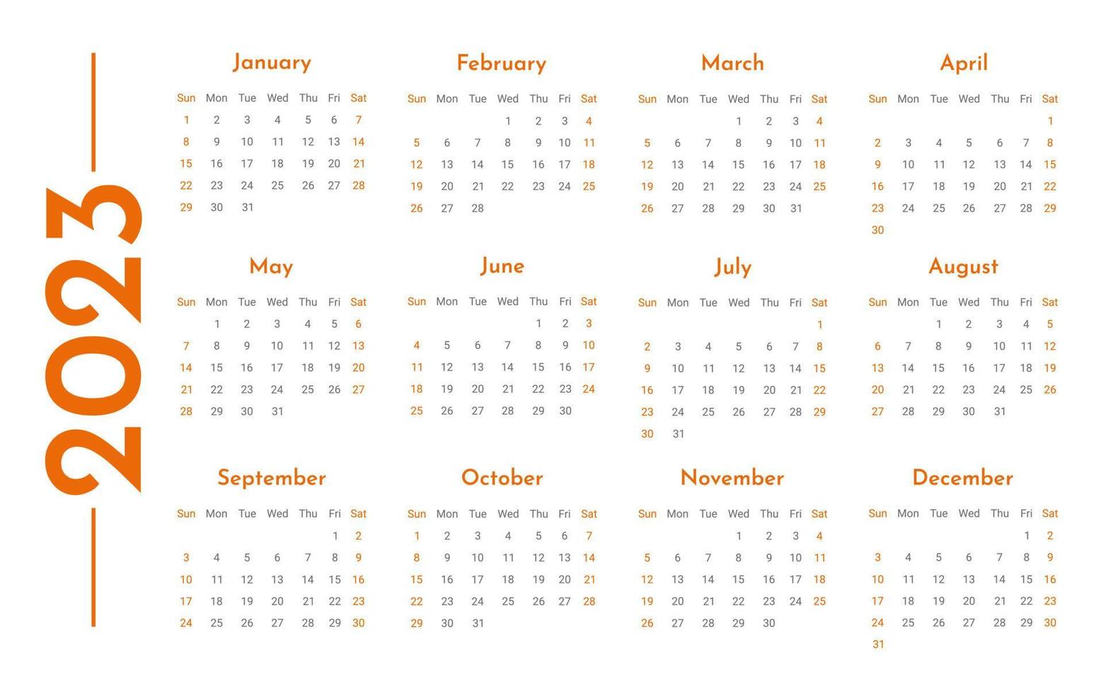 monatliche horizontale wandkalender 2023 vorlage im trendigen minimalistischen stil, coverkonzept, minimales kalenderplanerdesign 2023 zum druck der vorlage in orange vektor