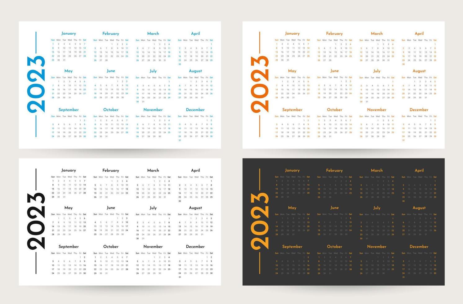 uppsättning av en gång i månaden vägg horisontell kalendrar 2023 mallar i trendig minimalistisk stil, omslag koncept, 2023 minimal kalendrar planerare design för utskrift mallar i olika färger vektor