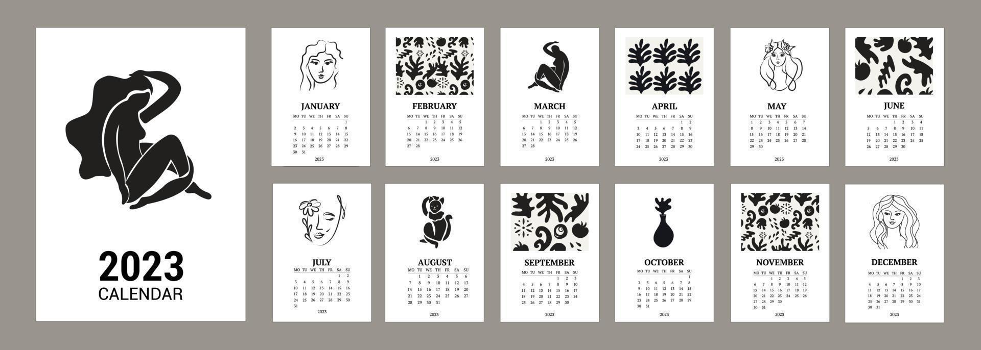 Wandkalender 2023 Jahr. Minimaler Kalenderplaner für zeitgenössische Kunst, abstrakter Organizer. Vektor-Illustration vektor