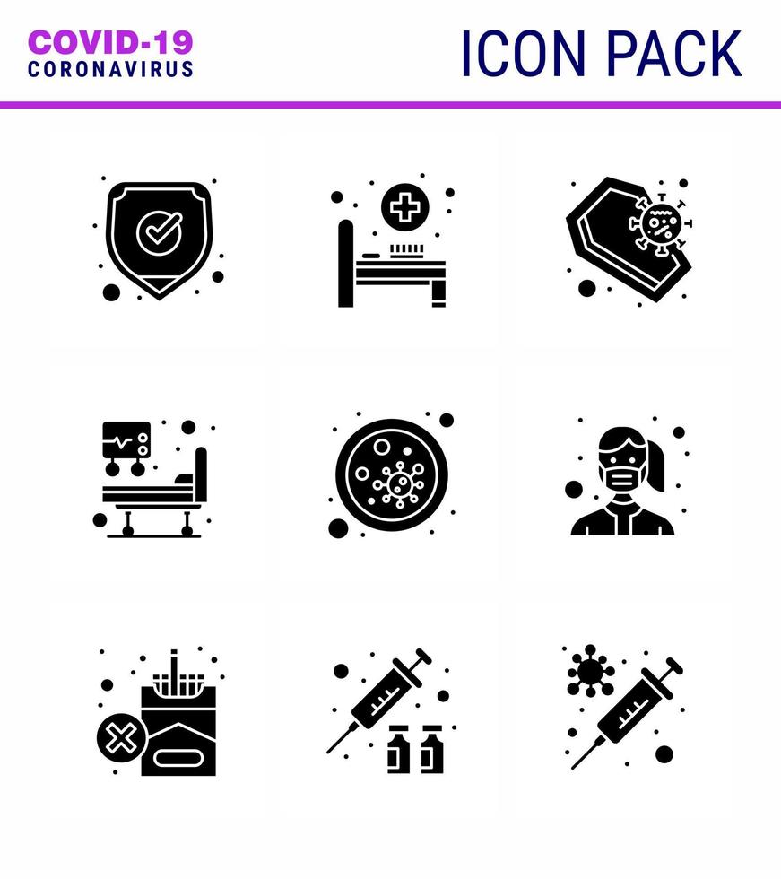 ny coronavirus 2019-nCoV 9 fast glyf svart ikon packa bakterier bakterie coronavirus medicinsk behandling sjukhus säng viral coronavirus 2019 nov sjukdom vektor design element