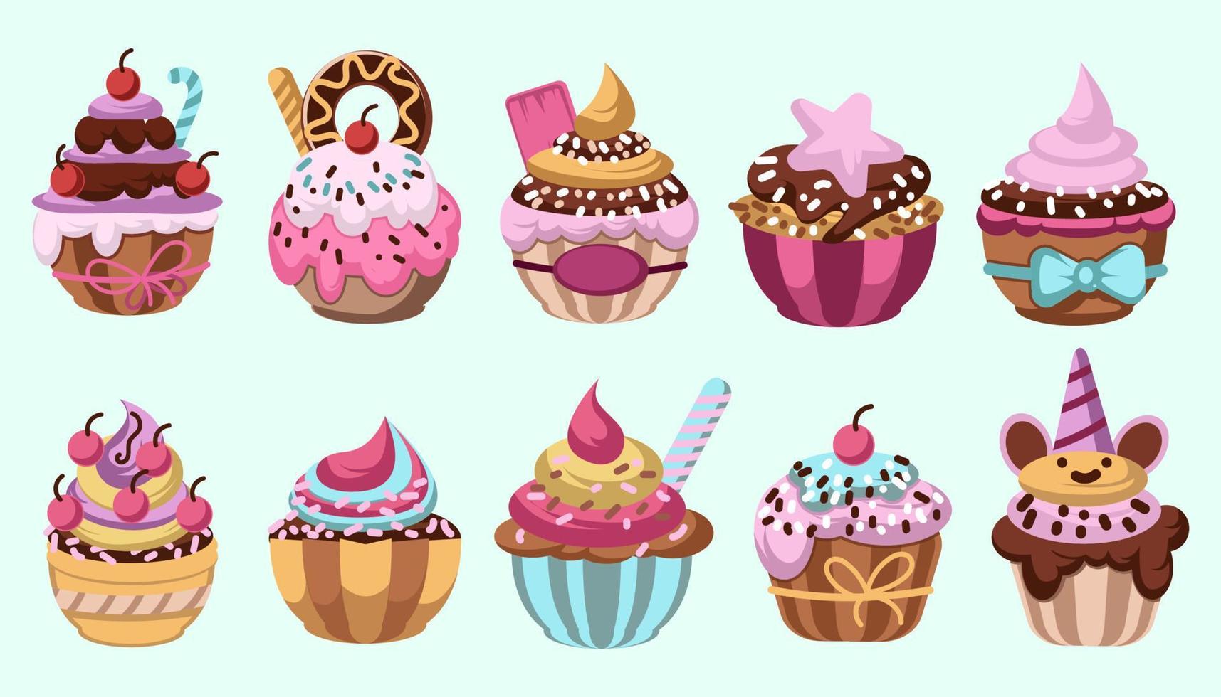 verschiedene dekorationen bunte cupcake-aromen setzen illustrationen vektor