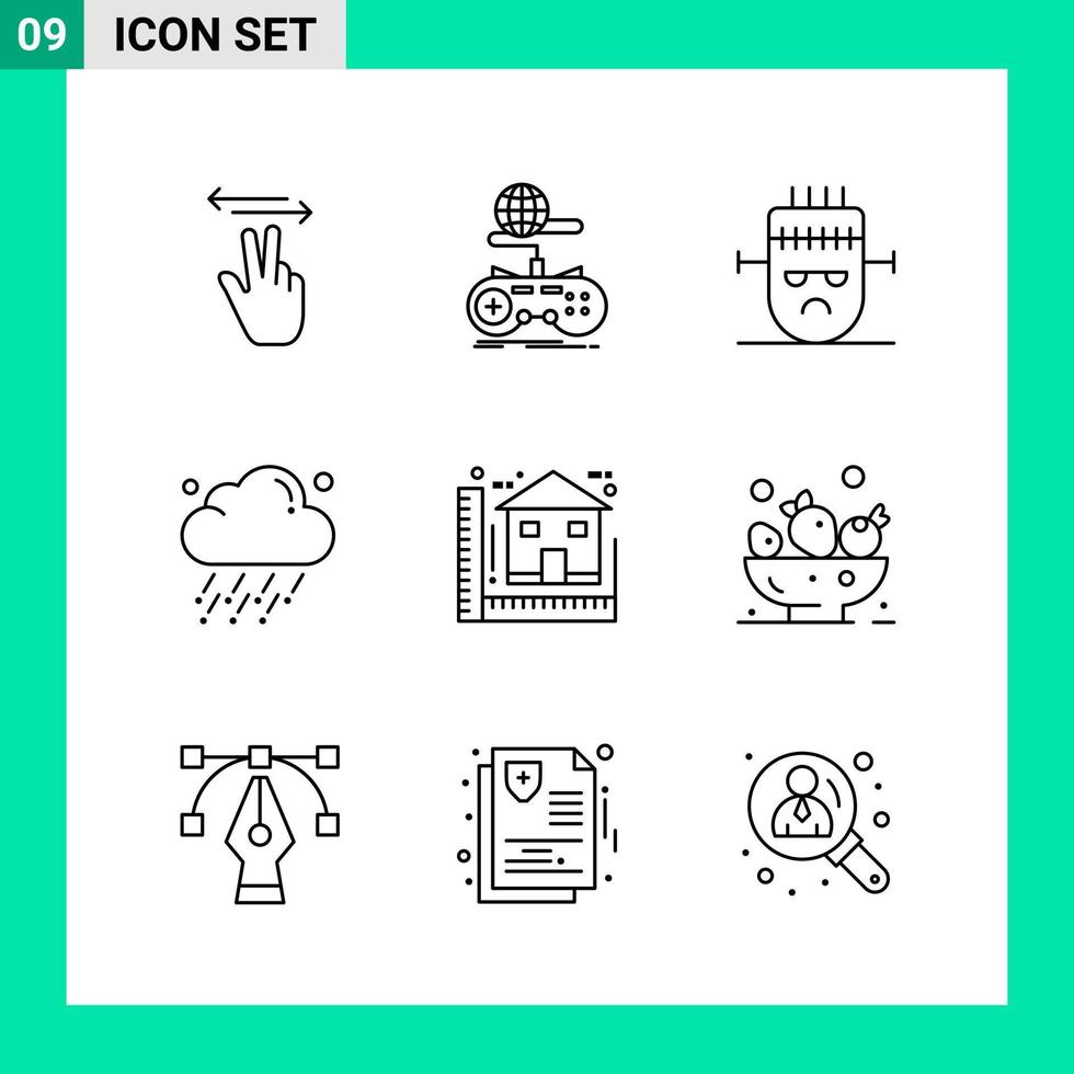 Packung mit 9 Linienstil-Icon-Set Umrisssymbolen für den Druck kreative Schilder isoliert auf weißem Hintergrund 9-Icon-Set kreativer schwarzer Icon-Vektor-Hintergrund vektor