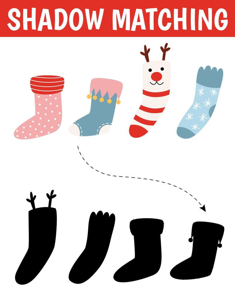 Weihnachts-Schatten-Matching-Aktivität für Kinder. Winterpuzzle mit süßen Socken. Neujahrslernspiel für Kinder. Finden Sie das richtige druckbare Arbeitsblatt für die Silhouette. Vektor-Cartoon-Illustration. vektor