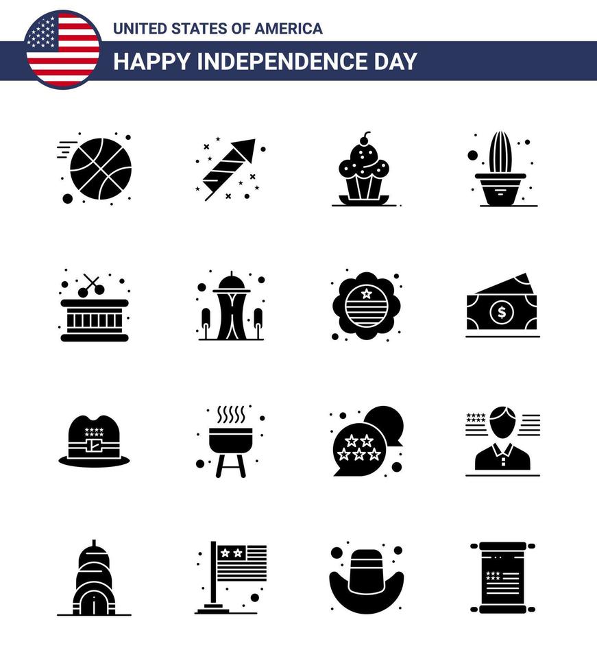 moderner satz von 16 soliden glyphen und symbolen am usa-unabhängigkeitstag wie instrument pot dessert plant cactus editable usa day vector design elements