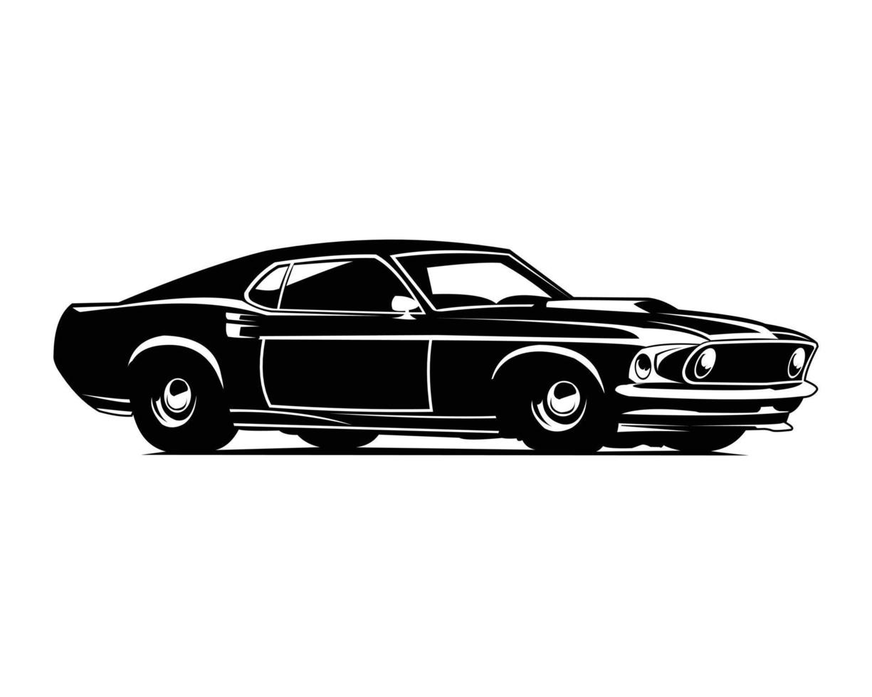 gammal mustang bil se från sida isolerat vit bakgrund. bäst för logotyp, emblem, ikon, klistermärke. vektor illustration tillgängliga i eps 10.
