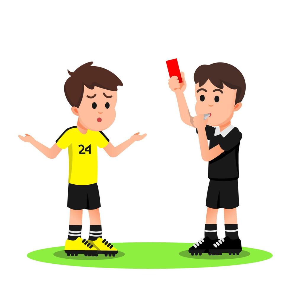 kleiner Fußballspieler enttäuscht, eine rote Karte vom Schiedsrichter zu bekommen vektor