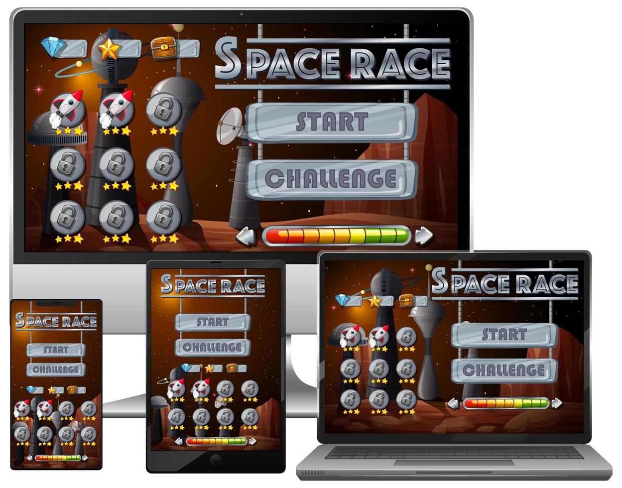 Weltraumrennen-Missionsspiel auf verschiedenen elektronischen Bildschirmen vektor