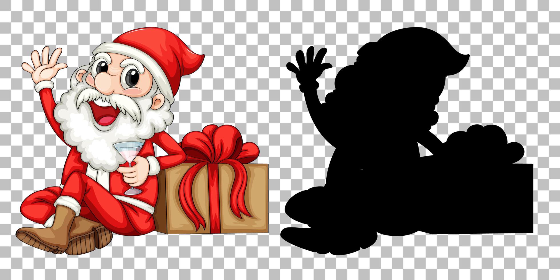 Santa sitzt neben Box und Silhouette vektor