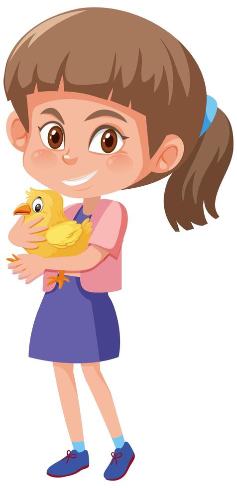 flicka håller söt kyckling seriefigur vektor