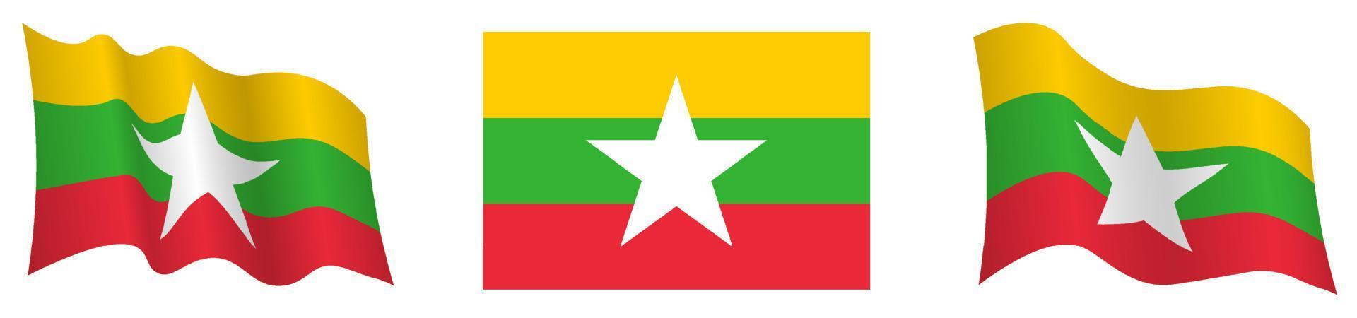 flagga av republik av myanmar i statisk placera och i rörelse, fladdrande i vind i exakt färger och storlekar, på vit bakgrund vektor