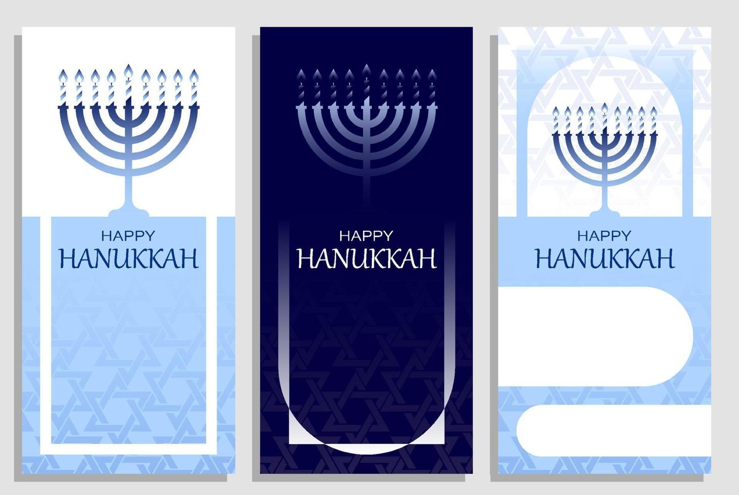 Chanukka-Einladungen mit Menora-Kerze. fröhlicher jüdischer feiertag von chanukka. satz von vorlagen für grußkarten, banner, broschüren. Vektor
