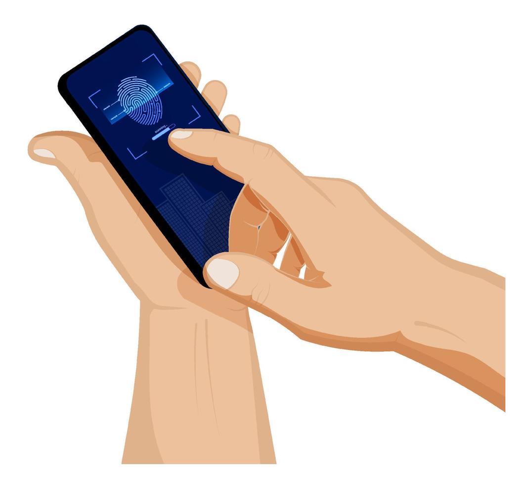 man innehar smartphone med fingeravtryck scanner i hans hand. läser in person fingeravtryck för mobil Identifiering app. Sök enheter för läser in data. vektor