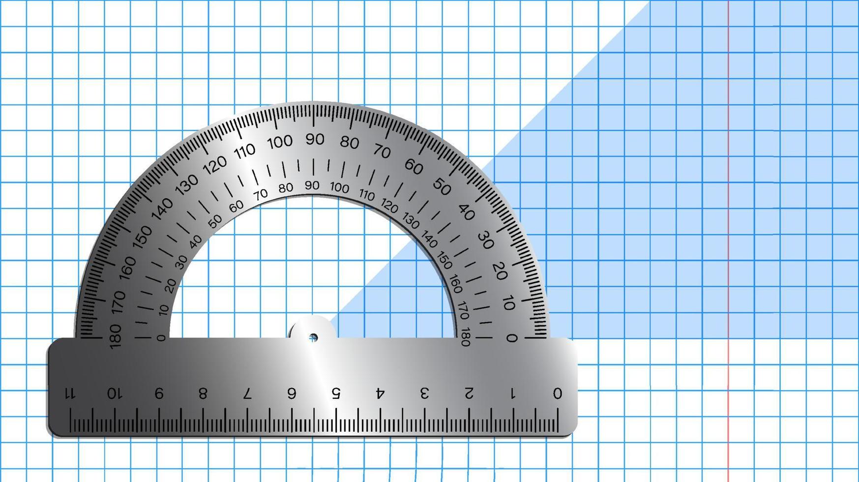 Winkelmesser aus Metall auf Notebook-Blatt. Schulmessgeräte. Schulunterricht, Zeichnen, Geometrie. Vektor