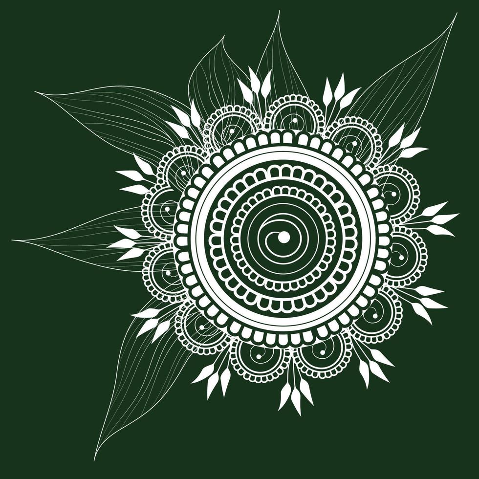 Mandala-Design-Zierikone und Mehndi-Design mit weißer Farbe und grünem Hintergrund vektor