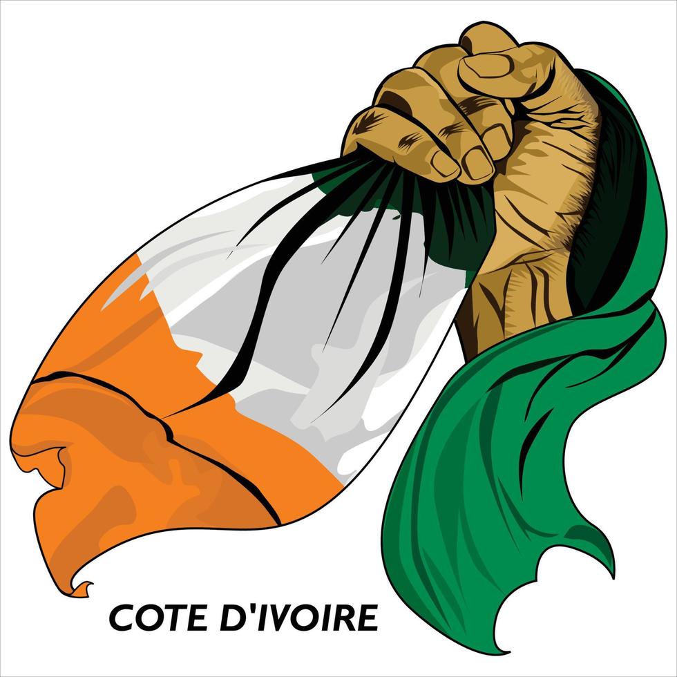 Fausthand, die die ivorische Flagge hält. Vektorillustration der angehobenen Hand, die die Flagge ergreift. Flagge um die Hand drapiert. eps-Format vektor