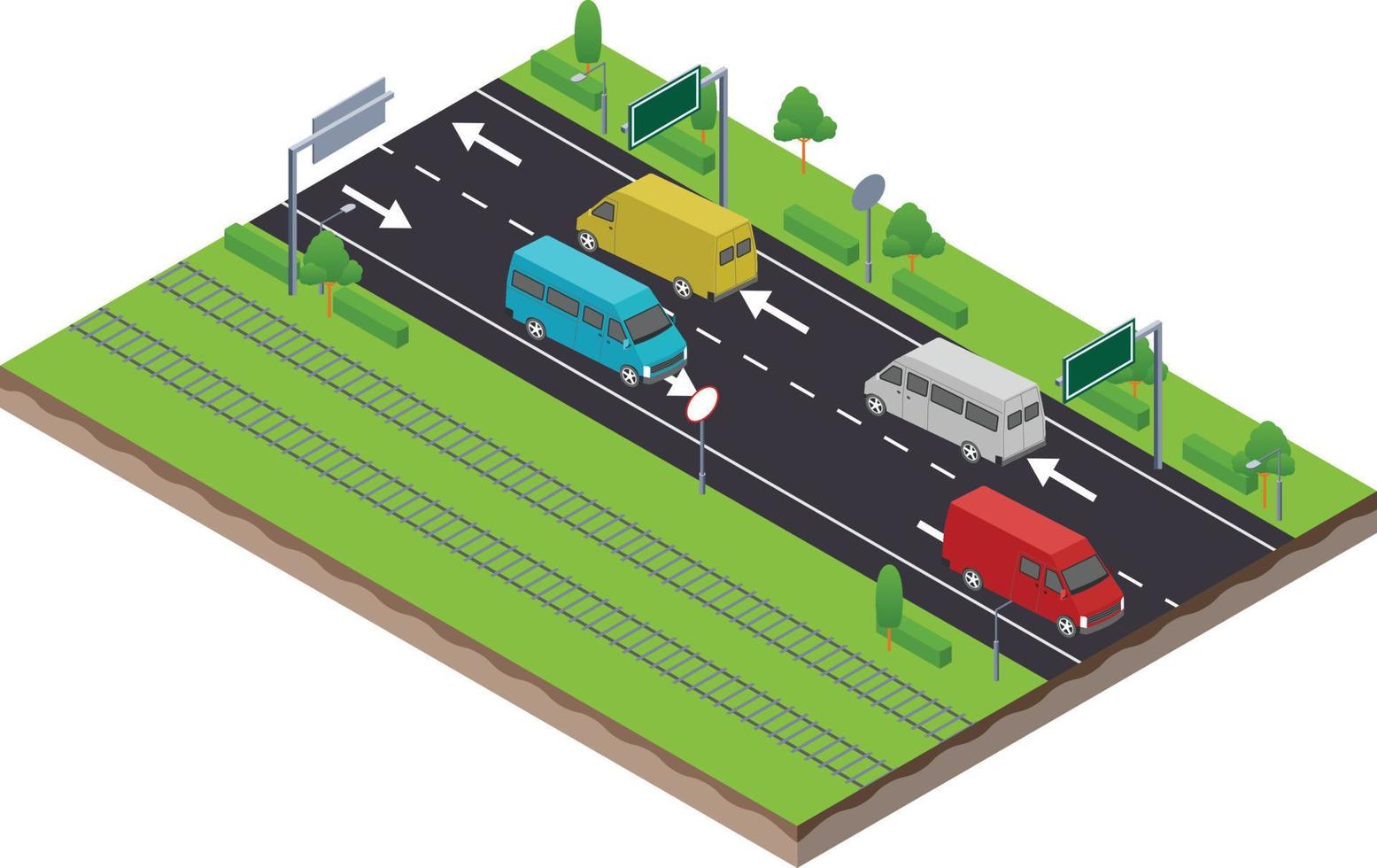 isometrische szene des transportlogistikwagens im autobahnverkehr und auf der eisenbahn vektor