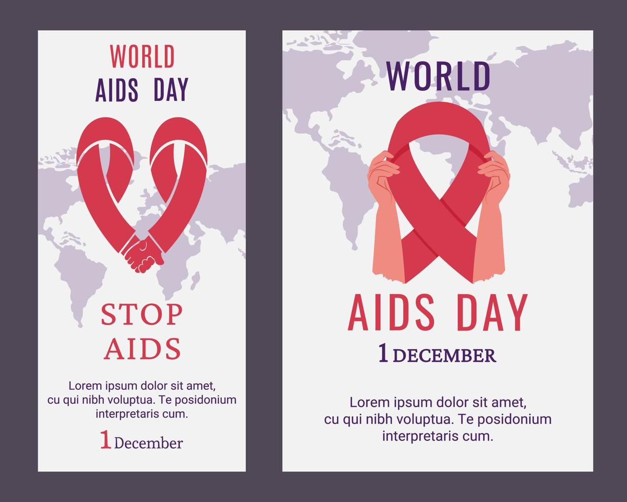 uppsättning av AIDS dag affischer, flygblad. mänsklig händer innehav röd AIDS band. medvetenhet av hjälpmedel. Stöd för HIV smittad människor. vektor illustration