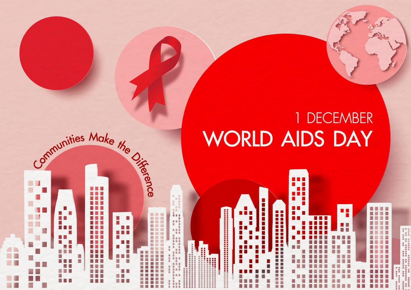 landskap stad på de namn av händelse på röd cirklar med röd band, slogan, kloten och rosa bakgrund. kampanj affisch av värld AIDS dag i papper skära stil och vektor design.