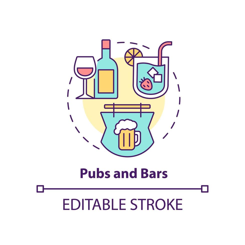 pubar och barer begrepp ikon. mat service industri abstrakt aning tunn linje illustration. tjänande alkoholhaltig drycker. isolerat översikt teckning. redigerbar stroke. vektor