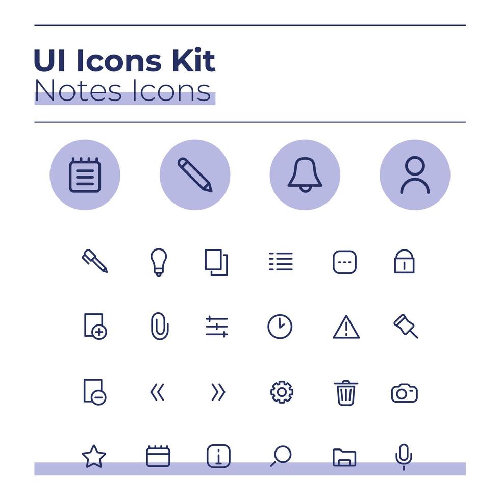 Notizen-UI-Icons-Kit. private Zeitschrift dünne Linie Vektorsymbole gesetzt. Bilddatei hinzufügen. Schaltflächen für die mobile App des persönlichen Tagebuchs in lila Kreisen. Sammlung von Webdesign-Elementen vektor