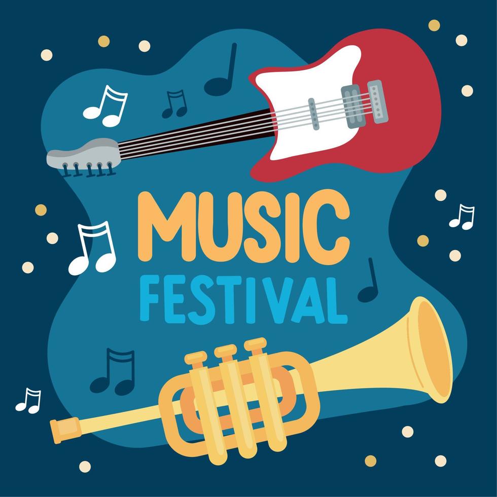 musik festival text med musik instrument vektor