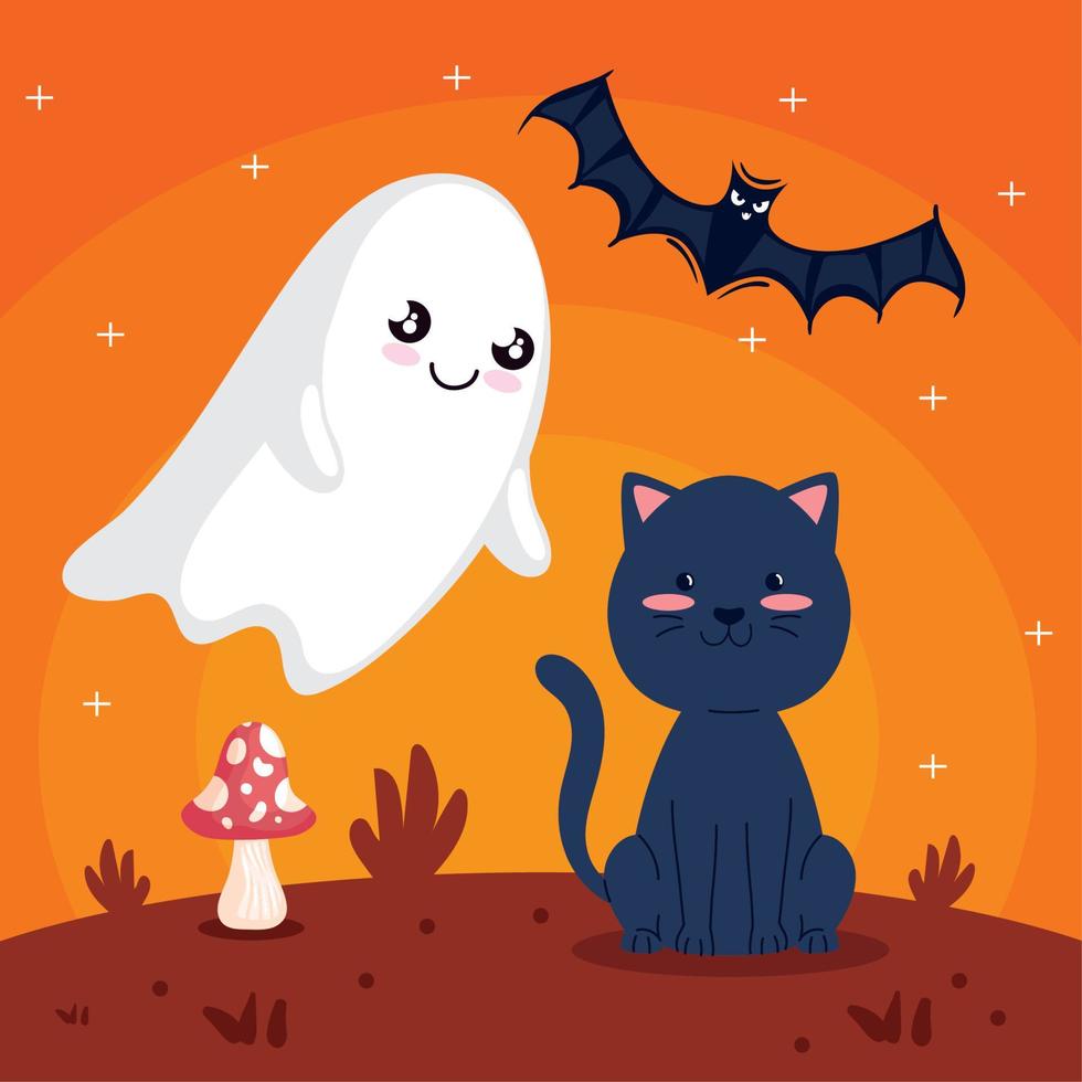 halloween spöke och katt vektor