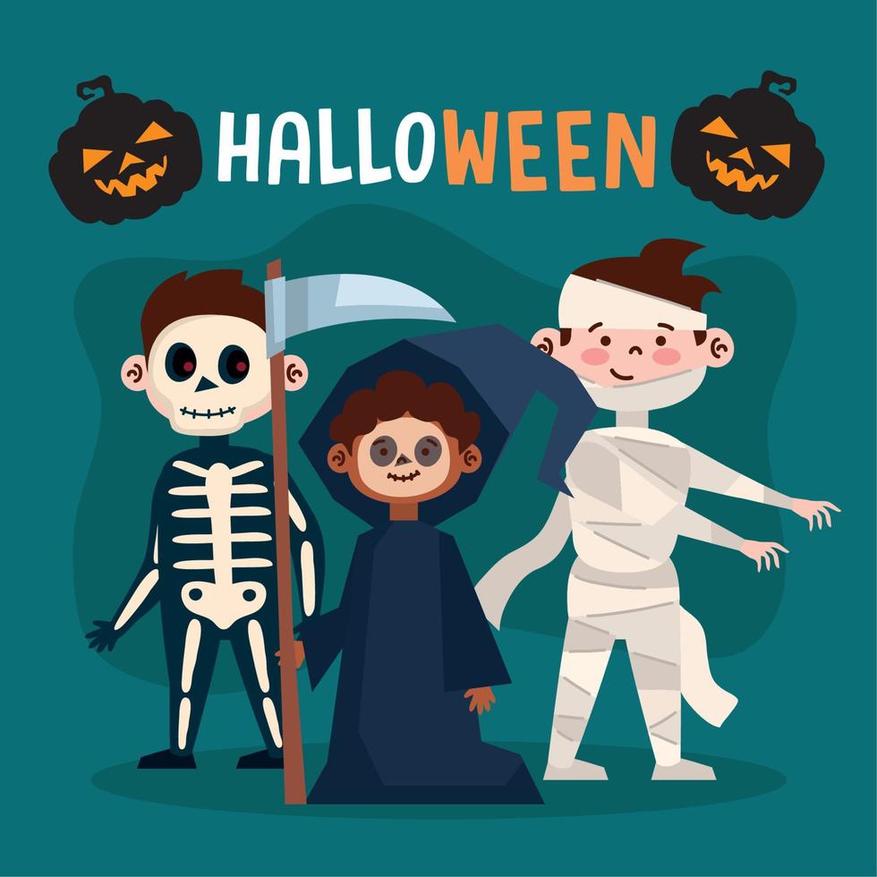 halloween-schriftzug mit verkleideten kindern vektor
