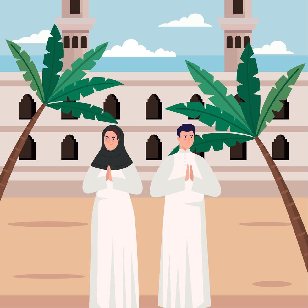 muslimisches kulturpaar mit moschee vektor