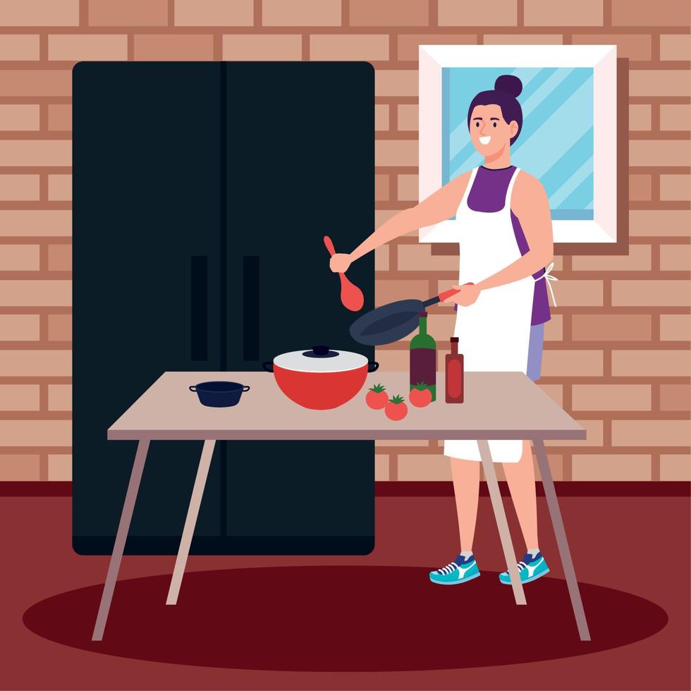 kvinna matlagning med panna vektor