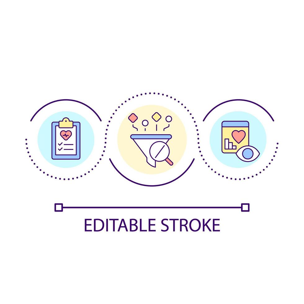 Symbol für das Konzept der medizinischen Datenerfassung und Analyseschleife. verbesserung der patientenergebnisse abstrakte idee dünne linienillustration. Vorhersagemodell. isolierte Umrisszeichnung. editierbarer Strich. vektor