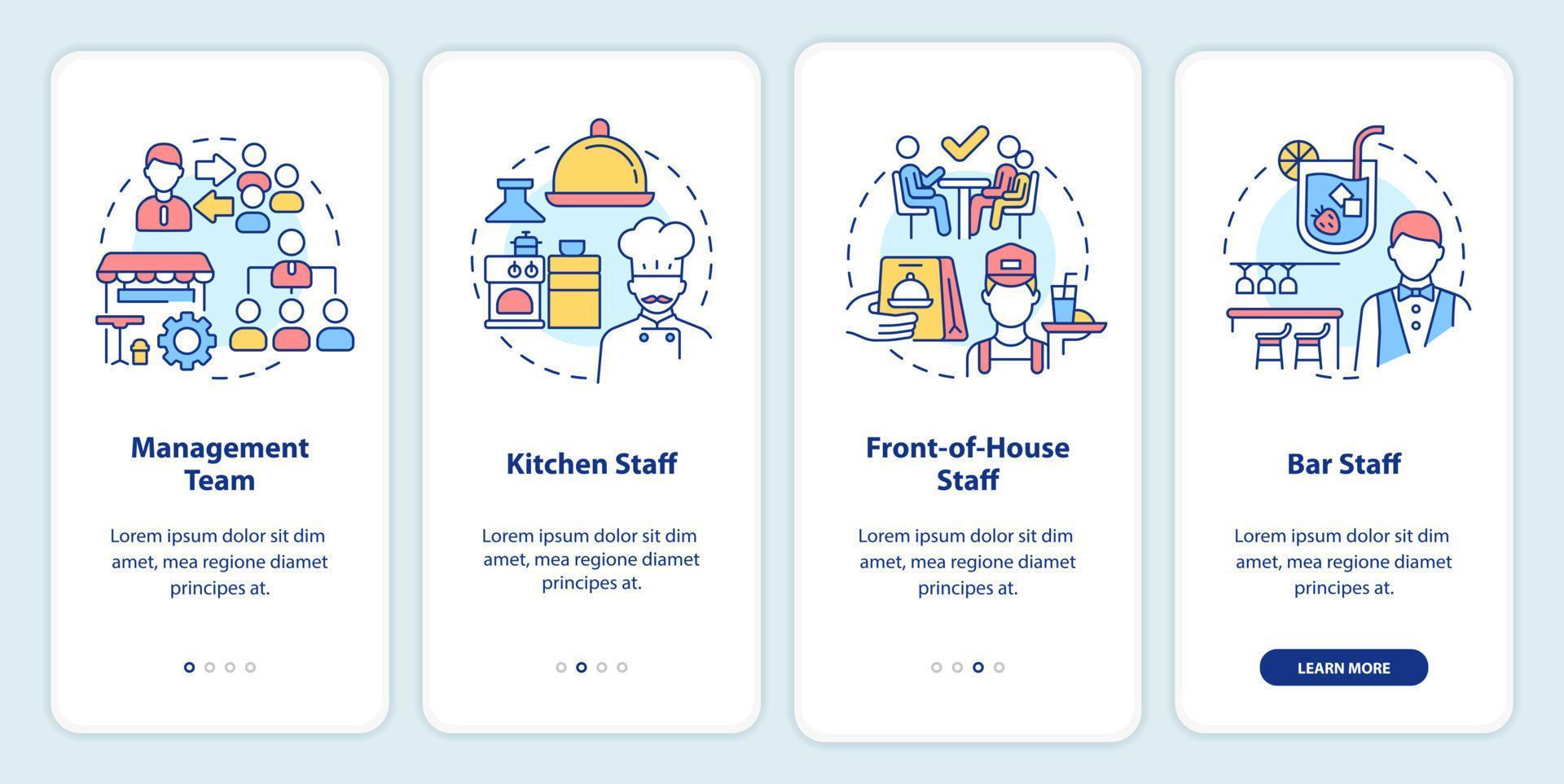 restaurang personal onboarding mobil app skärm. förvaltning och kök genomgång 4 steg redigerbar grafisk instruktioner med linjär begrepp. ui, ux, gui mall. vektor