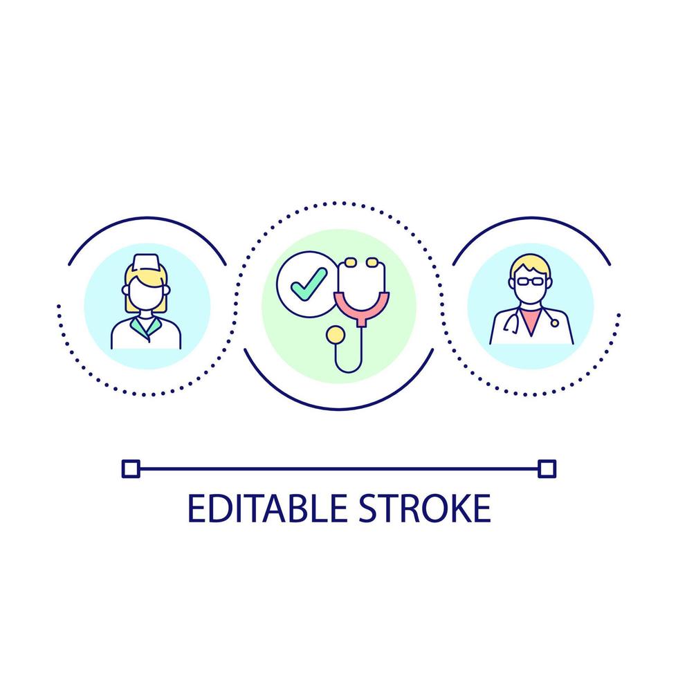 kvalificerad doktorer och sjuksköterskor slinga begrepp ikon. tränad medicinsk yrkesverksamma abstrakt aning tunn linje illustration. hög skicklig arbetare. isolerat översikt teckning. redigerbar stroke. vektor