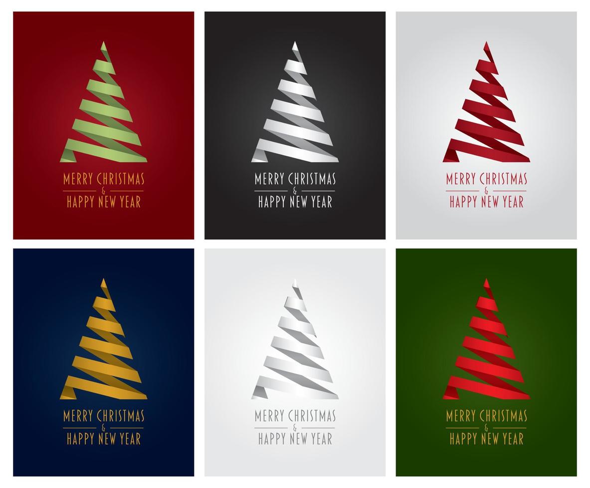 uppsättning av abstrakt jul träd med text glad jul och Lycklig ny år. jul kort mall. vektor