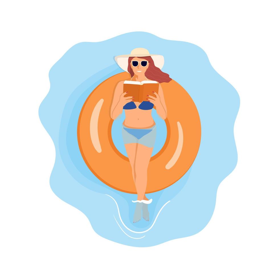 eine junge Frau mit Hut und Sonnenbrille auf einer Schwimmrunde im Meer oder im Pool und liest ein Buch. flache vektorillustration lokalisiert auf weißem hintergrund vektor