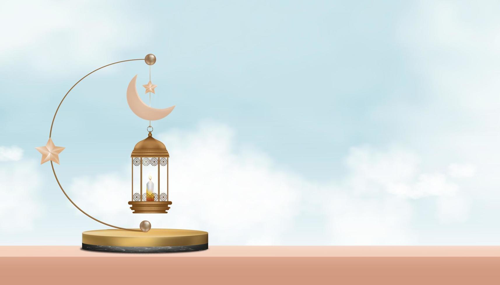 islamisches podium mit traditioneller 3d-laterne mit halbmond, stern, der am hintergrund des blauen himmels hängt, vektorhintergrund der religion der muslimischen symbolik, eid ul fitr, ramadan kareem, eid al adha, eid mubarak vektor