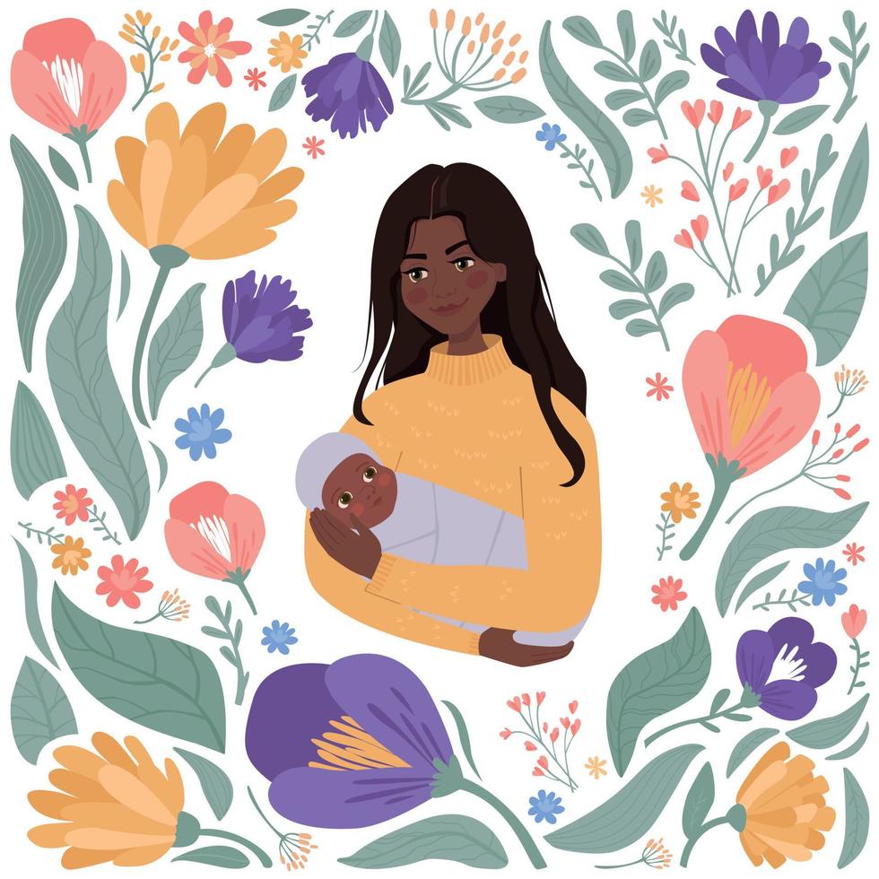 einzelne afrikanische frau hält ein neugeborenes baby in ihren armen. warme moderne illustration mit blumen. Unterstützung der Mutterschaft. vektor