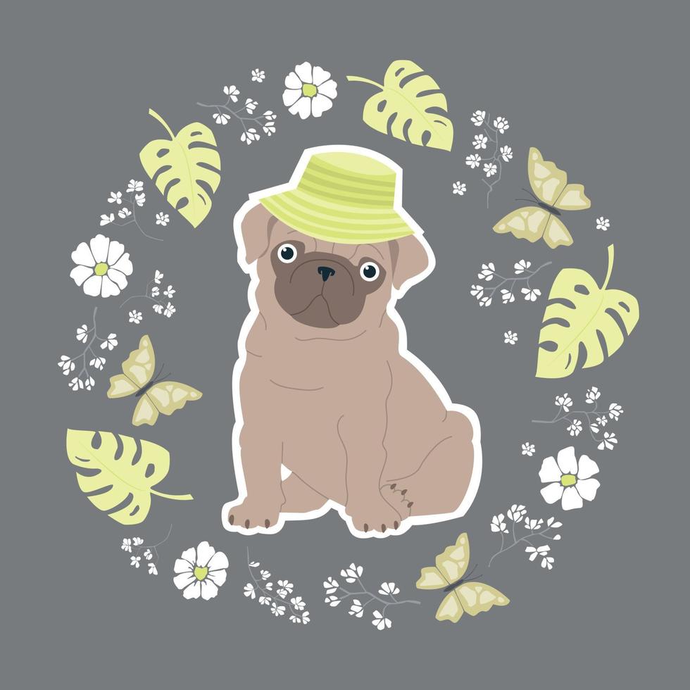 en mops i en panama hatt. söt skriva ut med monstera löv, blommor och fjärilar. vektor illustration för barn.