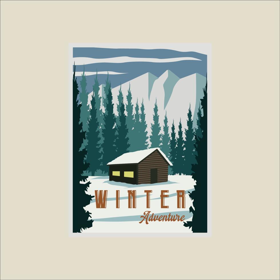 stuga eller stuga på vinter- landskap affisch vektor illustration mall design. snö på natur skog baner för resa eller företag turism