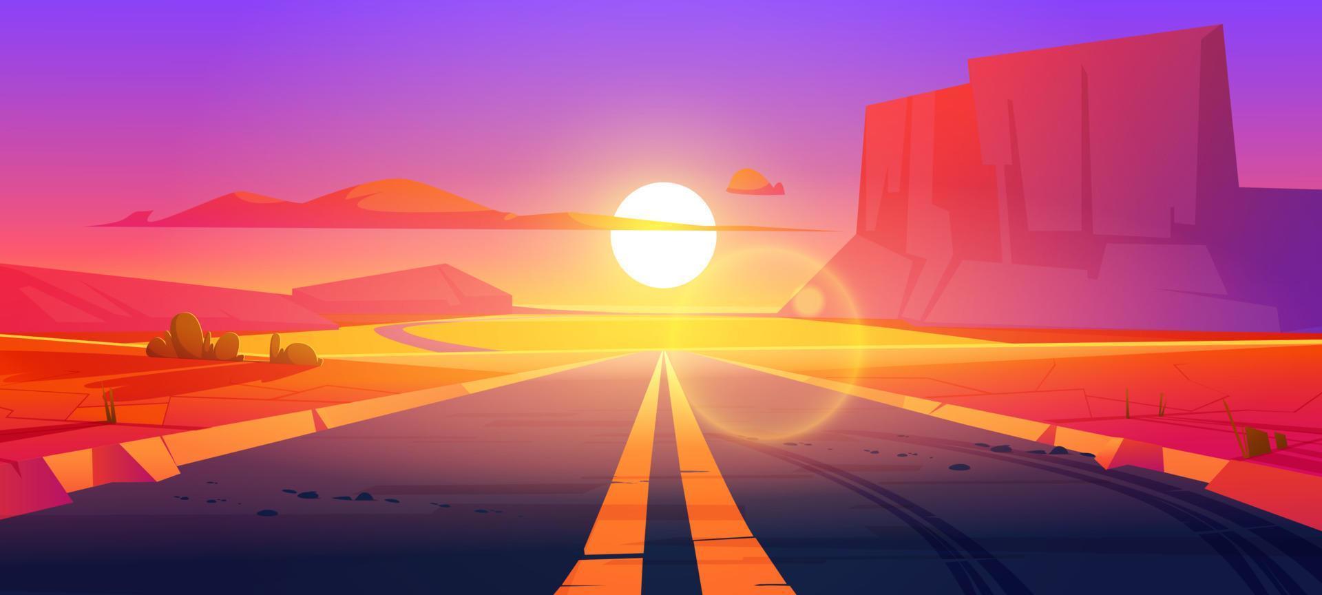 Straße in der Wüste Sonnenuntergang Landschaft Landschaft mit Felsen vektor