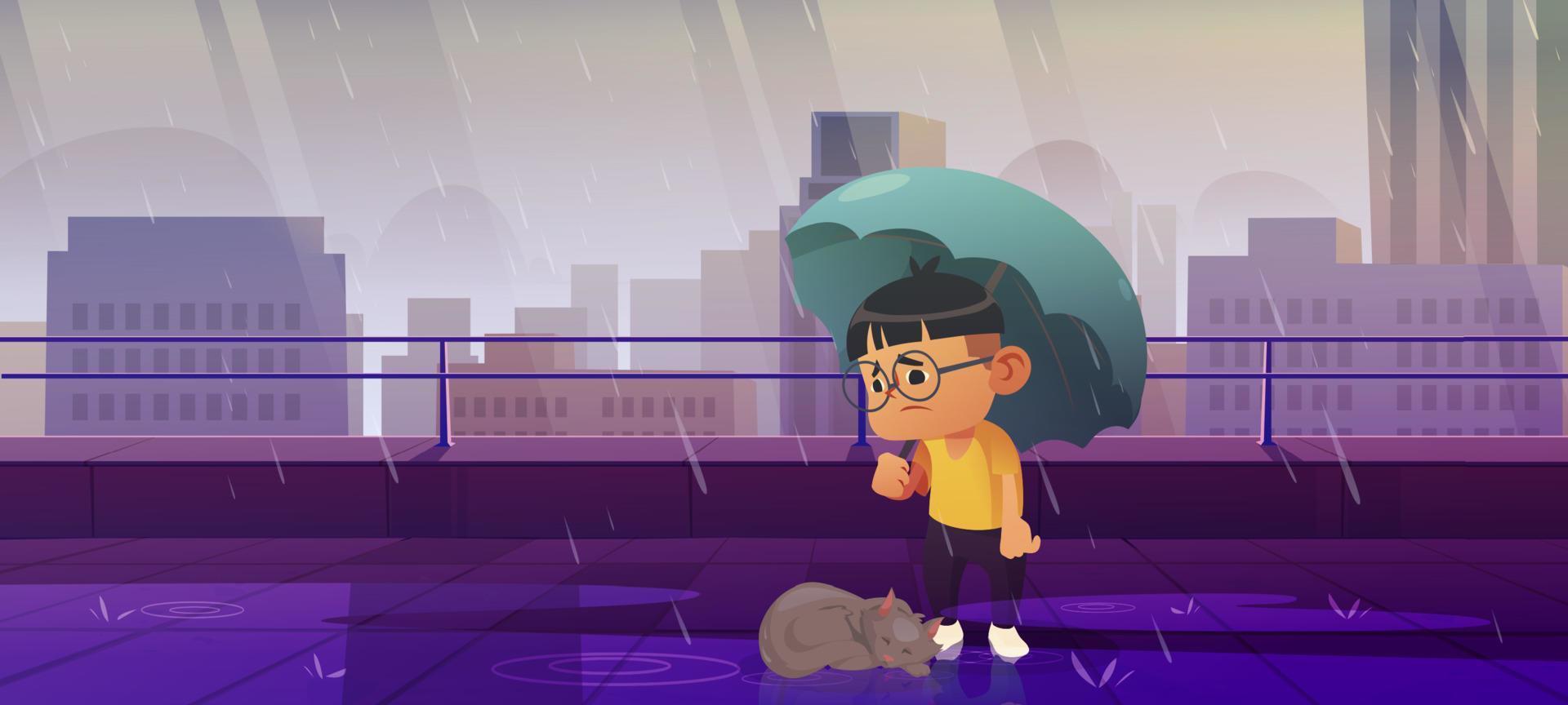 pojke under paraply med hemlös katt i falla regn vektor